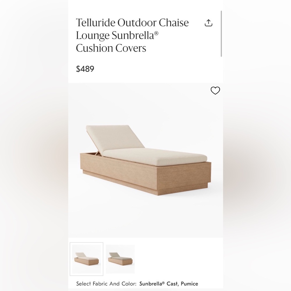 West Elm Telluride Outdoor Chaise Lounge Sunbrella® Cushion Cover NWT